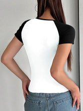 White and Black Fitted Raglan Crop Top for Women