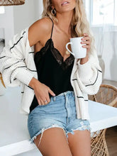 White and black striped open long sleeve cardigan with frayed hem, machine wash