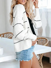White and black striped open long sleeve cardigan sweater, machine wash