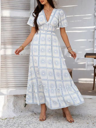 White and Blue Patterned Maxi Dress with Ruched Smocked Detailing Light Blue