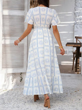 White and Blue Patterned Maxi Dress with Ruched Smocked Detailing