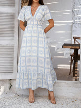 White and Blue Patterned Maxi Dress with Ruched Smocked Detailing