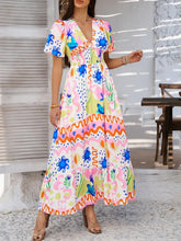 White and Blue Patterned Maxi Dress with Ruched Smocked Detailing Multicolor Maxi Dresses