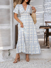 White and Blue Patterned Maxi Dress with Ruched Smocked Detailing