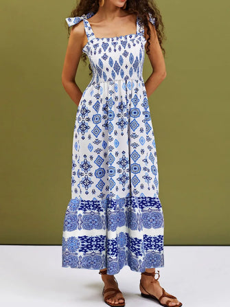 White and Blue Patterned Maxi Sundress White