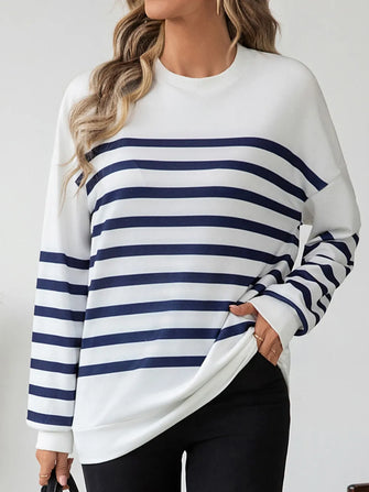 White and Navy Striped Long Sleeve Women's Top White