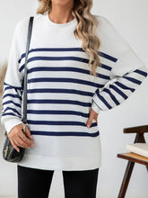 White and Navy Striped Long Sleeve Women's Top