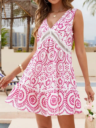 White and Pink Circular Patterned Summer Dress Hot Pink
