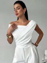 White Asymmetrical Ruched Short Sleeve Off Shoulder Top and Pants Set Woman T Shirts