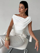 White Asymmetrical Ruched Short Sleeve Off Shoulder Top and Pants Set