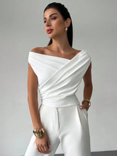 White Asymmetrical Ruched Short Sleeve Off Shoulder Top and Pants Set