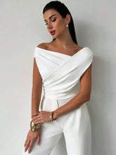White Asymmetrical Ruched Short Sleeve Off Shoulder Top and Pants Set