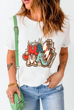 White baseball mama graphic tee with colorful lettering and daisy accents