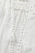 White bohemian lace beach cover up with pom pom trim and drawstring waist