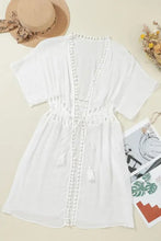 White lace summer dress with drawstring waist and pom pom trim