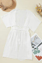 White cotton summer dress with pom pom trim and drawstring waist