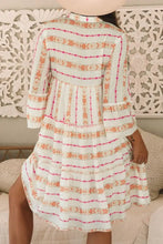 White Boho Tiered Mini Dress with Pink and Orange Pattern Casual Dresses