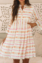 White Boho Tiered Mini Dress with Pink and Orange Pattern