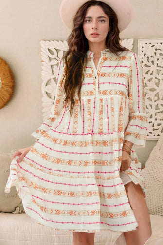 White Boho Tiered Mini Dress with Pink and Orange Pattern Sherbet