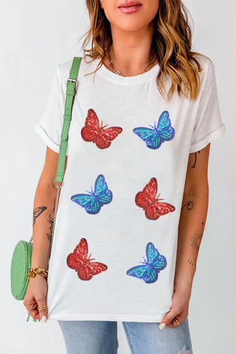 White Butterfly Print Sequin T-Shirt for Women White