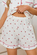 White cherry print collared neck shorts lounge set with red piping