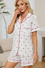 White Cherry Print Collared Neck Pajama Shorts Lounge Set