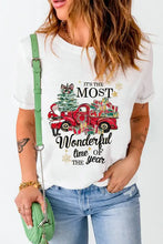 White Christmas graphic tee for women with red truck and tree design