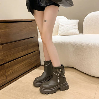 White Chunky Platform Ankle Boots with Buckle and Grommet Details Olive Brown