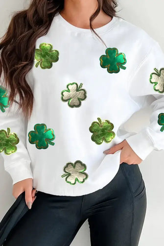 Lucky Clover Round Neck Long Sleeve Sweatshirt White Woman Sweatshirts