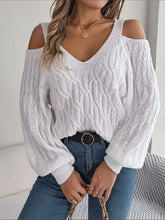 White Cold-Shoulder Cable-Knit Sweater with Long Sleeve Length