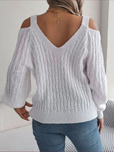 White Cold-Shoulder Cable-Knit Sweater with Long Sleeve Length