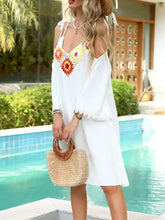 White Cold-Shoulder Dress with Colorful Crochet Back Swimwear Cover-Ups