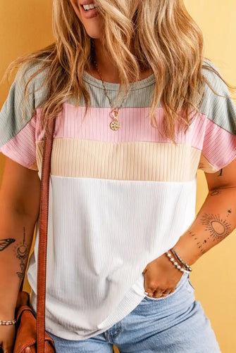White Color Block Ribbed Knit Cotton Top for Women White Woman T Shirts