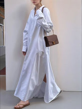 White Long Button-Down Cotton Shirt Dress for Women