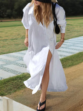 White Long Button-Down Cotton Shirt Dress for Women