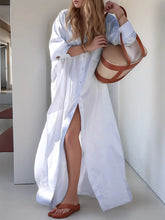 White Long Button-Down Cotton Shirt Dress for Women White