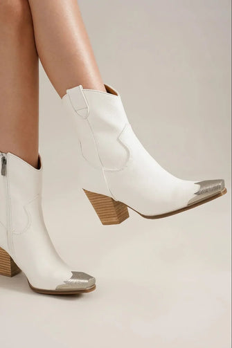 White Cowboy Boots with Silver Toe and Stacked Leather Heel Height White