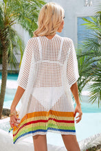 White Crochet Cover Up with Rainbow Trim and Half Sleeves Slightly Stretchy