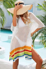 White Crochet Cover Up with Rainbow Trim and Half Sleeves Slightly Stretchy Swimwear Cover-Ups