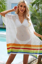 White Crochet Cover Up with Rainbow Trim and Half Sleeves Slightly Stretchy Swimwear Cover-Ups