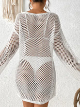 White Crochet Fishnet Beach Cover-Up with Brown Belt Swimwear Cover-Ups