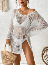 White Crochet Fishnet Beach Cover-Up with Brown Belt Swimwear Cover-Ups