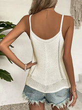 White openwork scoop neck knit tank top with open back