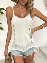 White openwork scoop neck crochet tank top with frayed hem