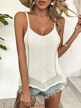 White openwork scoop neck knit tank top with thin straps