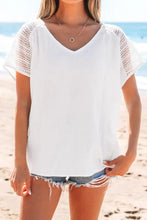 White Crochet Sleeve V Neck Cotton Tunic Top Woman T Shirts