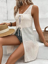 White sleeveless longline cardigan cover-up with lace-up front and open back
