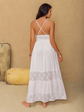 White crochet tiered maxi cami dress with lace inserts and criss-cross back