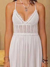 White crochet tiered maxi cami dress with lace inserts and pleated skirt