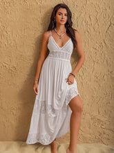 White crochet tiered maxi cami dress with lace inserts and high-low hem